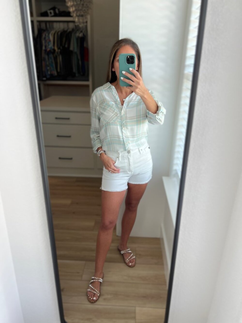Lightweight Plaid Button-Up Top - Mint Green - Picture 15 of 15